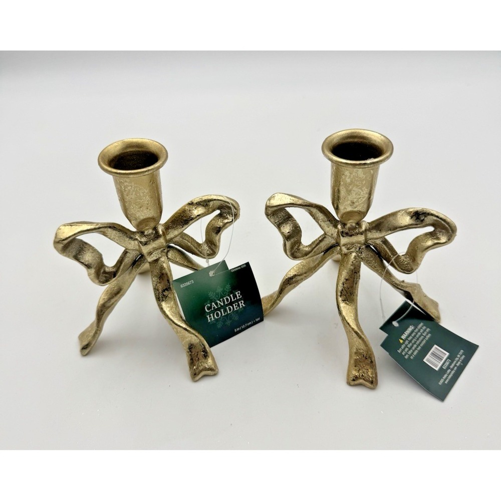 Hobby Lobby Gold Bow Taper Candle Holders Set of 2 Metal Christmas Decor NEW - Picture 7 of 7
